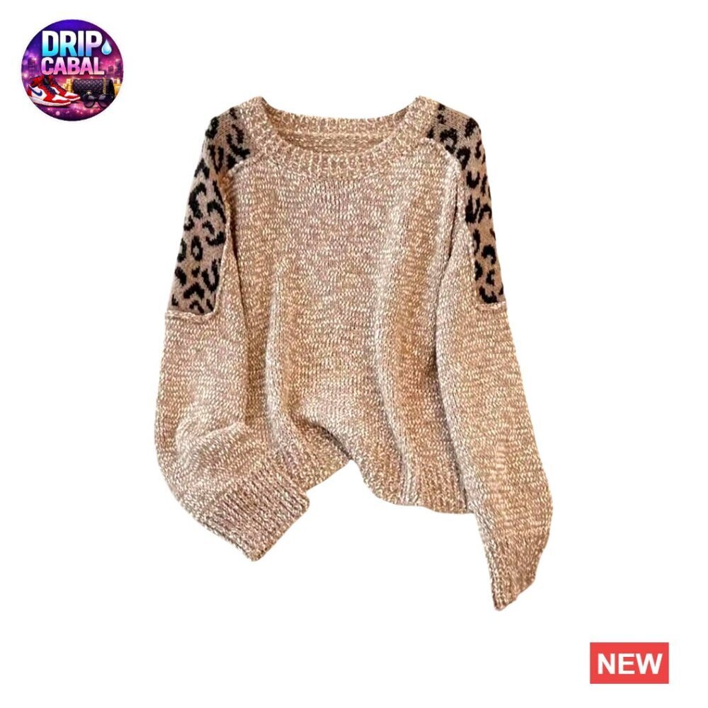 Leopard Print Knit Sweater Crewneck Long Sleeve Pullover Casual Chic Y2K